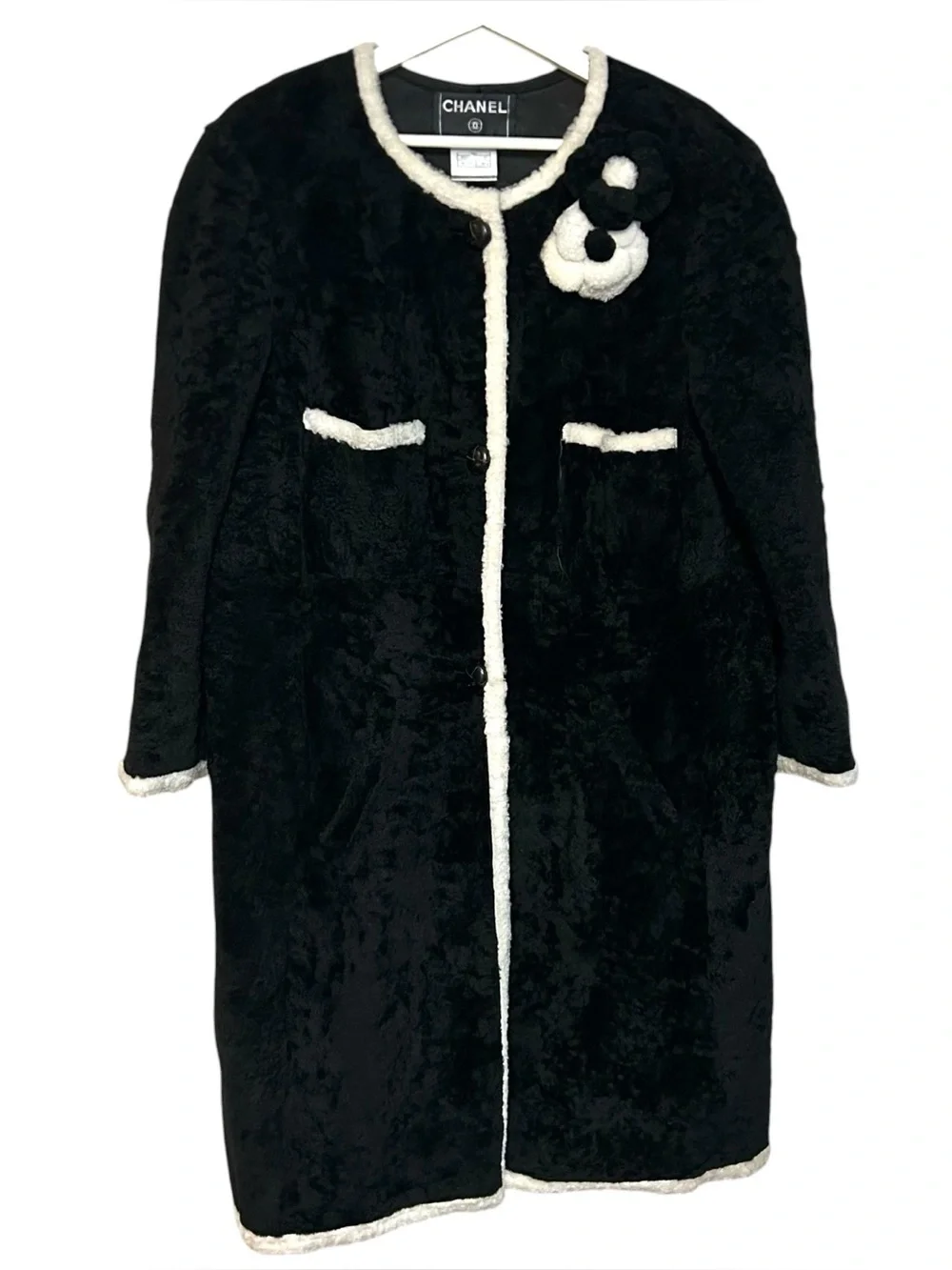Chanel 48 shearling button coat camellia fur brooches RARE VINTAGE A03